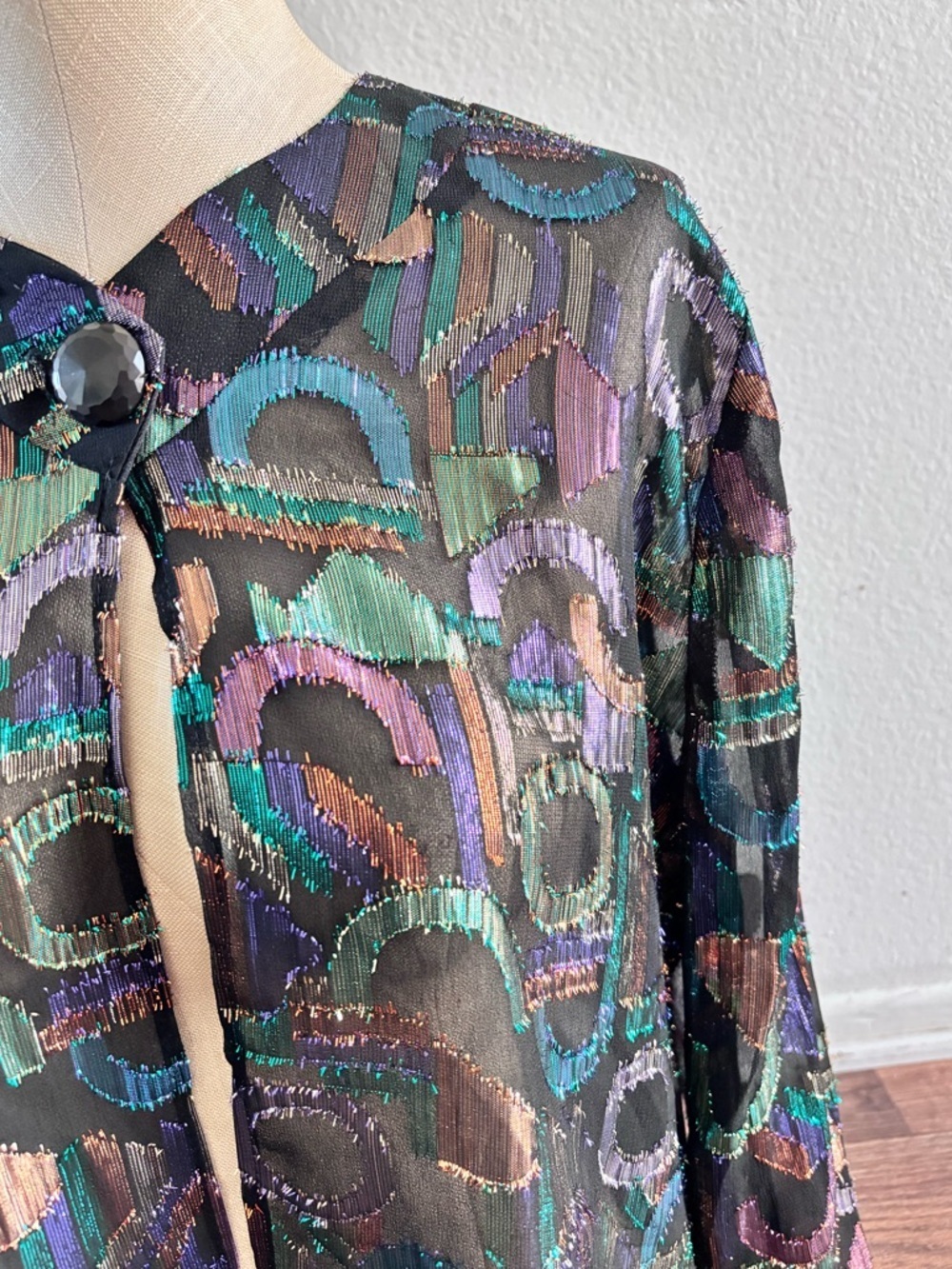 80s VTG A.C. Sport Multicolor Retro Short/Cropped Metallic Sheer Jacket Blouse - Picture 3 of 10